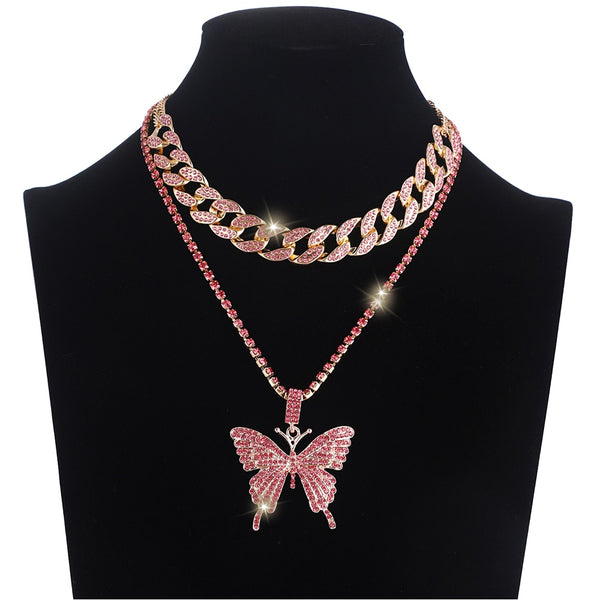 Iced Out Butterfly Necklace Set