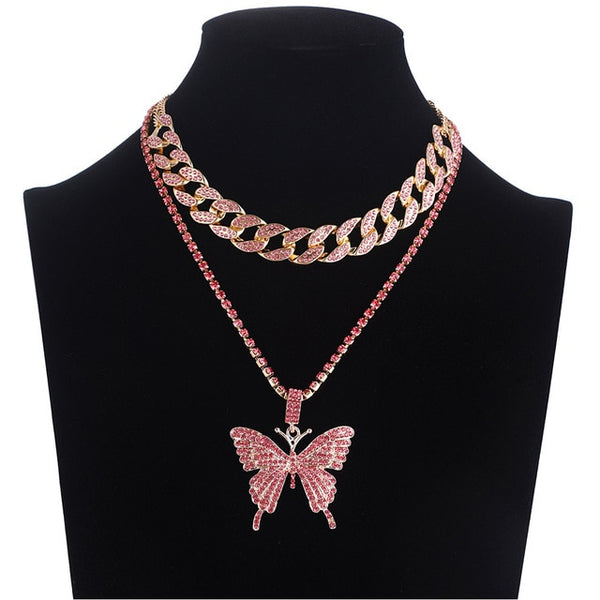 Iced Out Butterfly Necklace Set