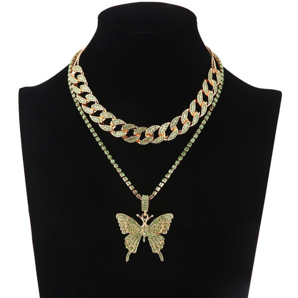 Iced Out Butterfly Necklace Set