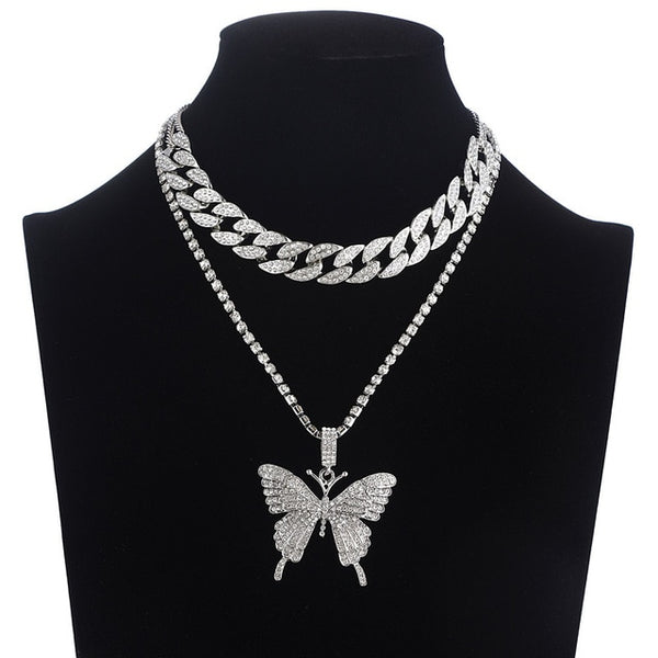 Iced Out Butterfly Necklace Set