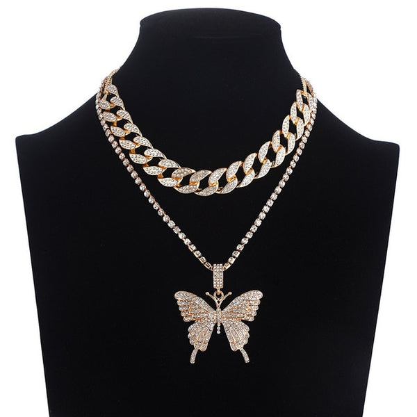 Iced Out Butterfly Necklace Set