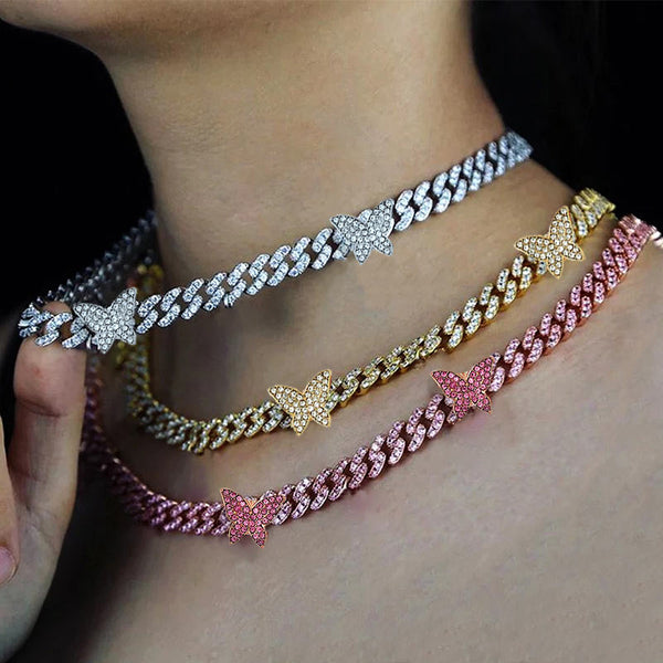 Iced Out Crystal Baguette Butterfly Choker