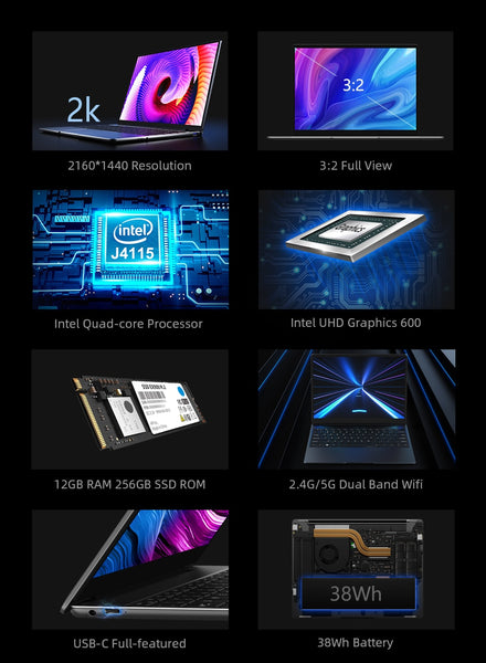 CHUWI GemiBook 13" 2K IPS Screen LPDDR4X 12GB 256GB SSD Intel Celeron Quad Core Windows 10 Laptop with Backlit Keyboard