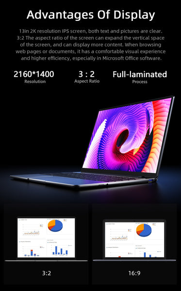 CHUWI GemiBook 13" 2K IPS Screen LPDDR4X 12GB 256GB SSD Intel Celeron Quad Core Windows 10 Laptop with Backlit Keyboard