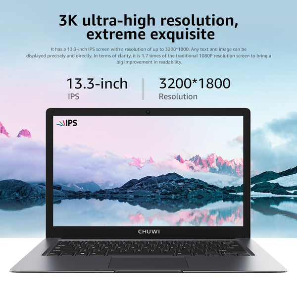 CHUWI HeroBook Pro+, 13.3 Inch, 3200*1800 Resolution, Intel Celeron J3455 Processor, LPDDR4 8GB, 128GB ROM, Windows 10, Laptop