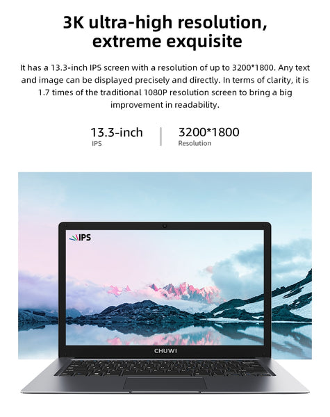 CHUWI HeroBook Pro+, 13.3 Inch, 3200*1800 Resolution, Intel Celeron J3455 Processor, LPDDR4 8GB, 128GB ROM, Windows 10, Laptop